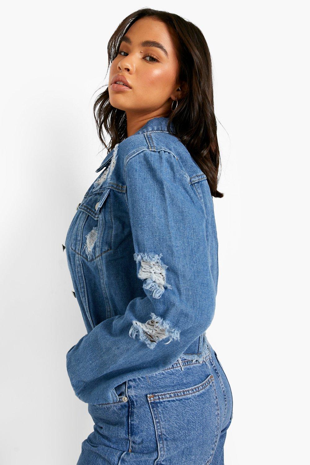 Cropped Distressed Denim Jacket boohoo IE